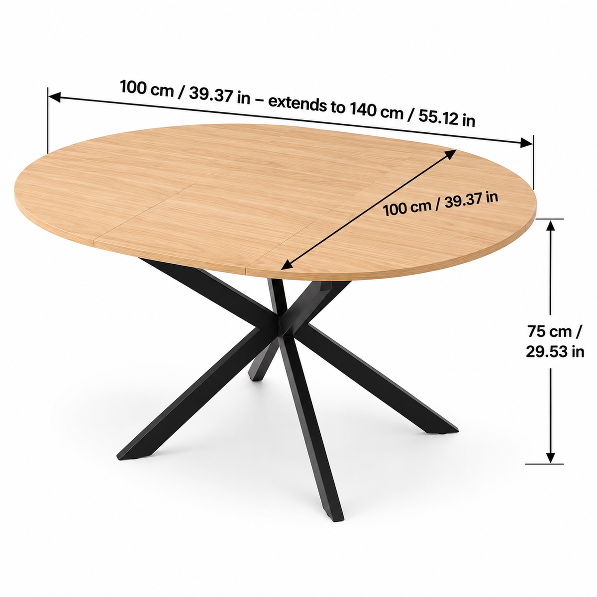 Natural Oak Extendable Round Dining Table with Black Spider Legs