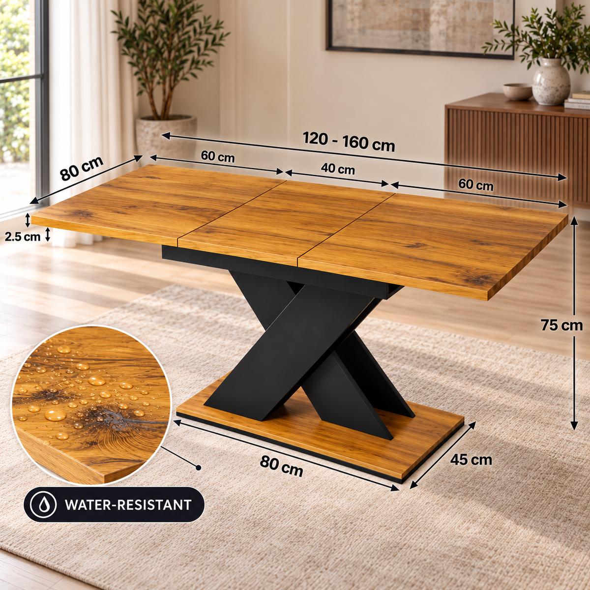 Levede Extendable Oak-Effect Dining Table – Black X-Frame Pedestal Base