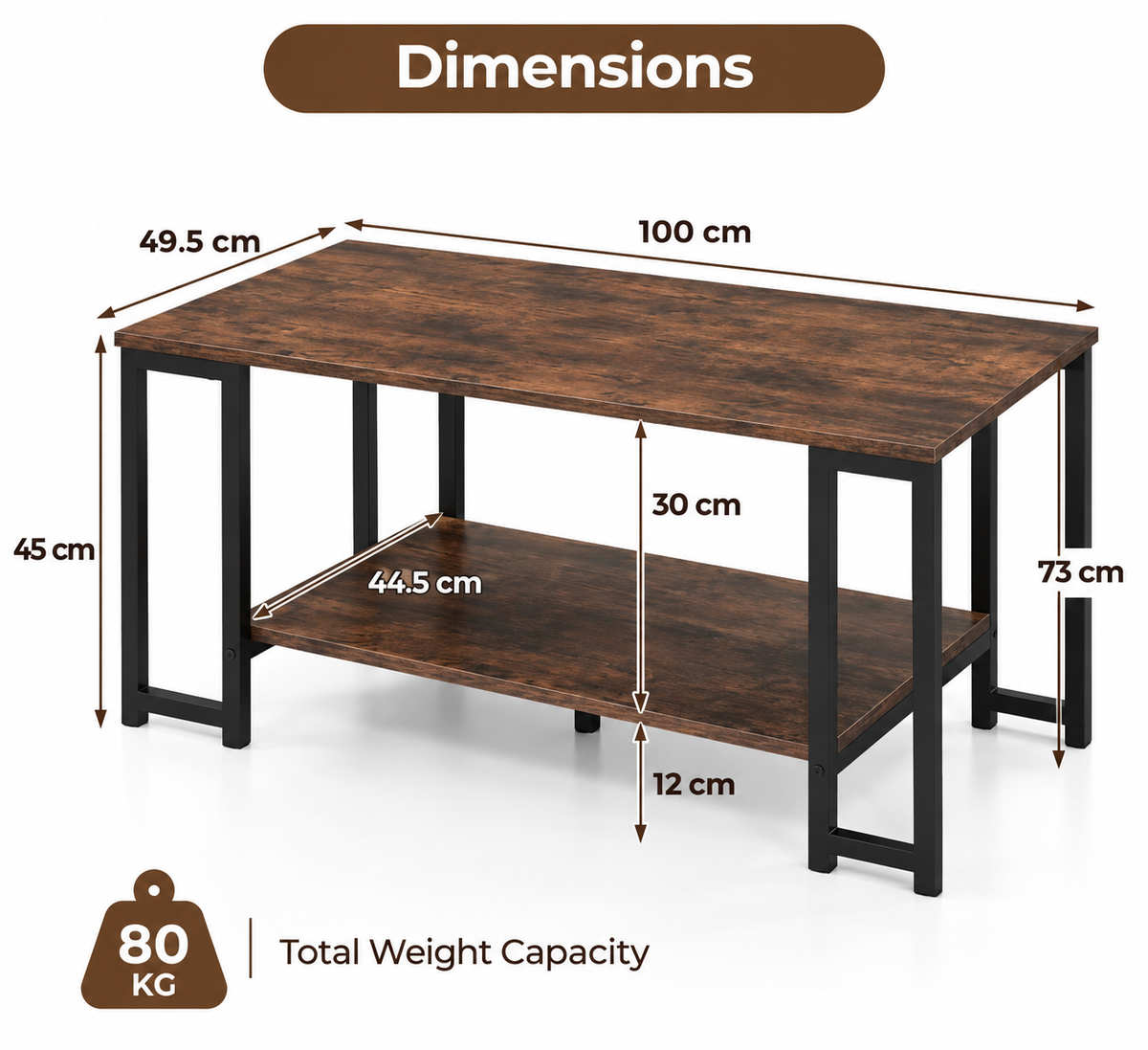 ERGOMASTER Industrial 2-Tier Coffee Table – Rustic Brown with Black Metal Frame