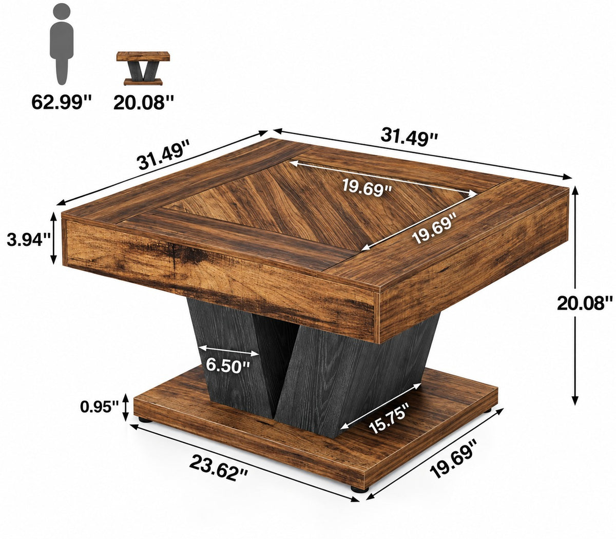 Modern Rustic Square Coffee Table – Brown Wood Finish with Geometric Pedestal Base