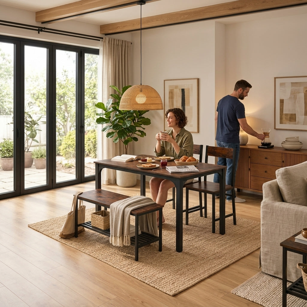 Modern Industrial Dining Table Set with Bench & 2 Chairs – Rustic Walnut Finish