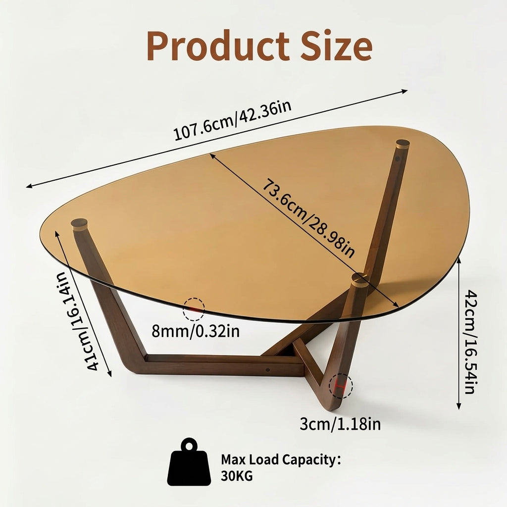 Mid-Century Modern Noguchi-Inspired Coffee Table – Brown Glass & Dark Wood Base