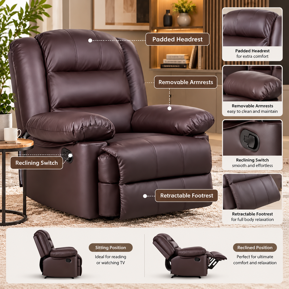 GartistGo Manual Reclining Chair – Black Leather-Look Padded Armchair with Extendable Footrest