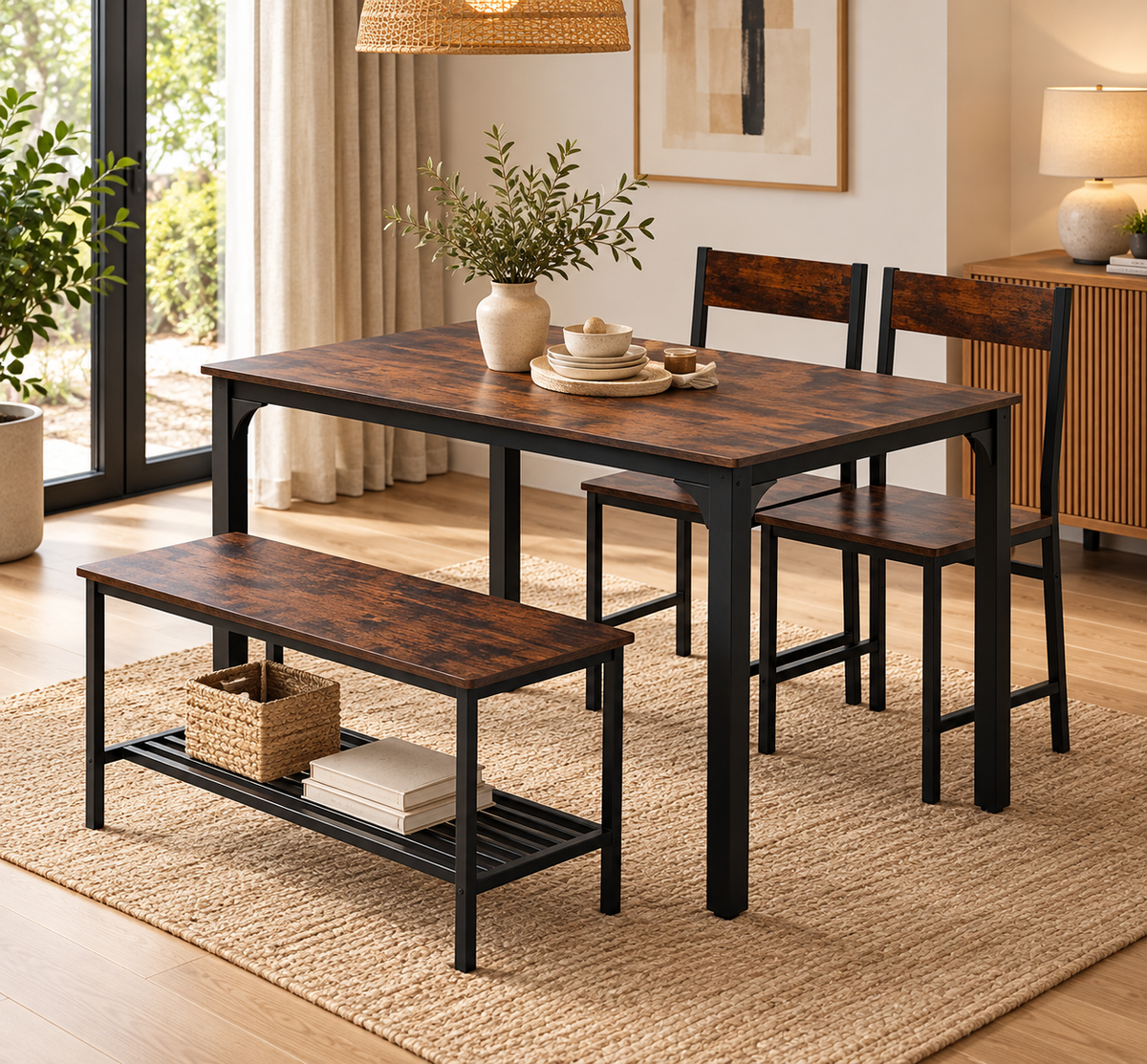 Modern Industrial Dining Table Set with Bench & 2 Chairs – Rustic Walnut Finish