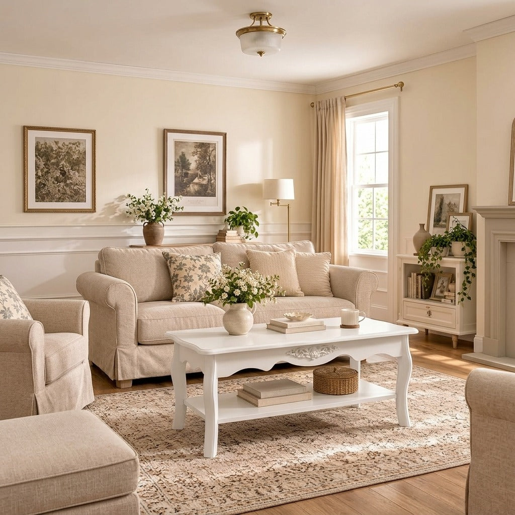 White French Country Coffee Table with Carved Floral Detail & Storage Shelf