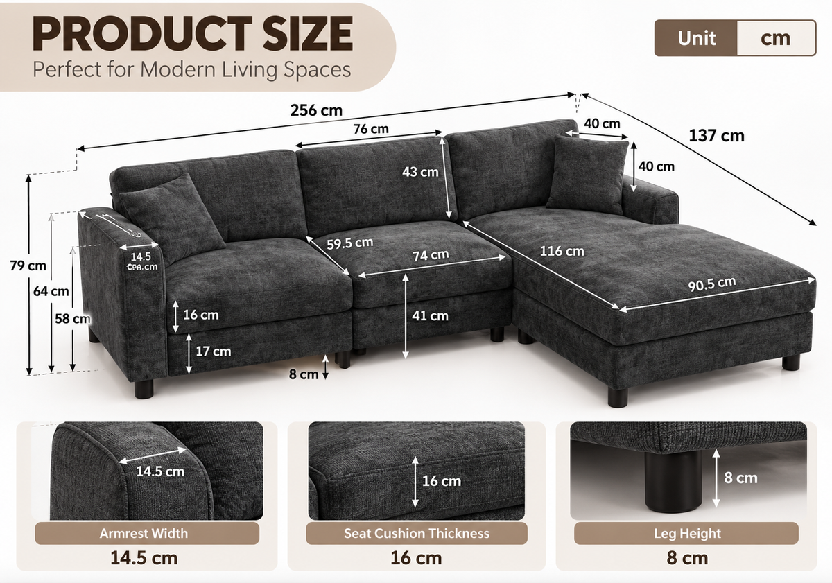 ROXGOX 3-Seater Modular L-Shaped Sectional Sofa – Reversible Chaise Chenille Corner Sofa