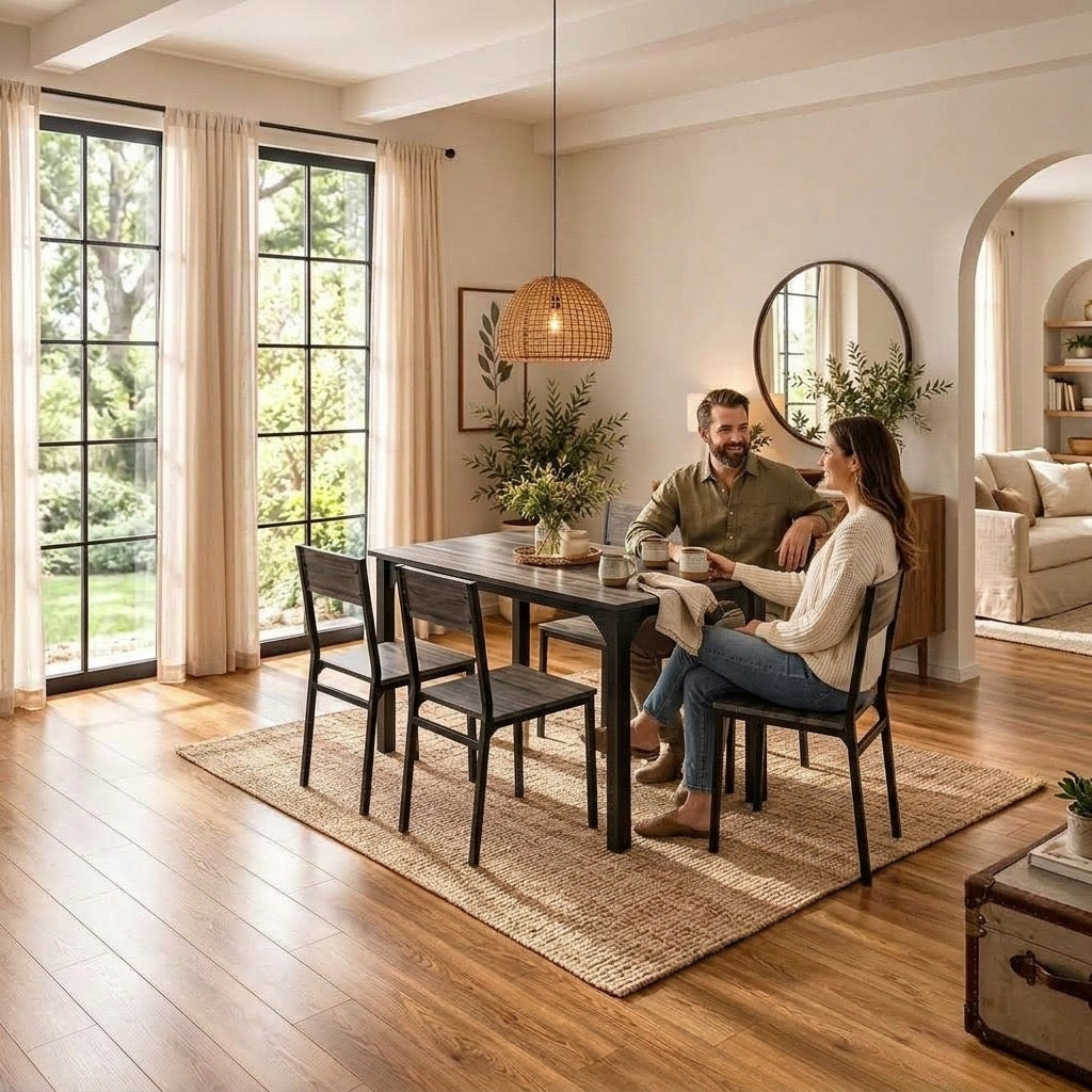 Modern Industrial Dining Table Set with Rustic Brown Wood Effect & Black Metal Frame