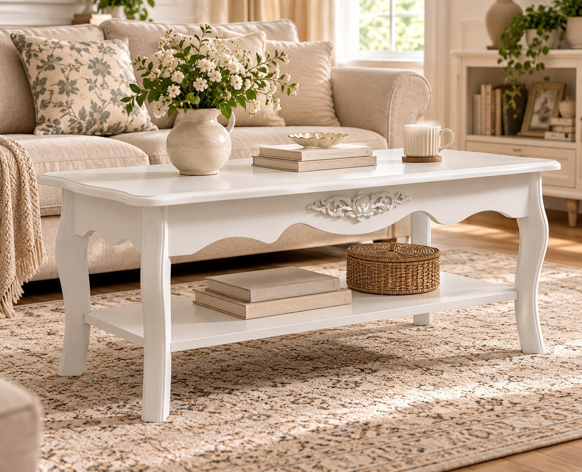 White French Country Coffee Table with Carved Floral Detail & Storage Shelf