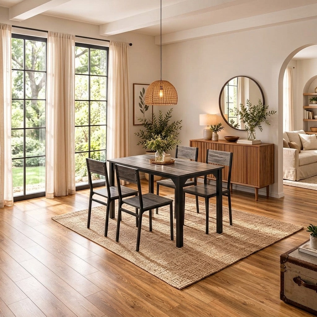 Modern Industrial Dining Table Set with Rustic Brown Wood Effect & Black Metal Frame