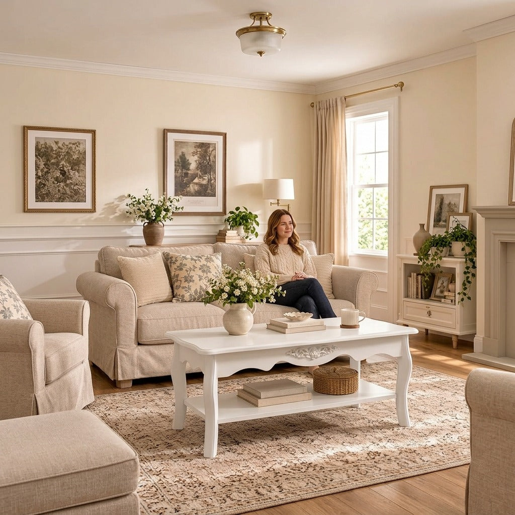 White French Country Coffee Table with Carved Floral Detail & Storage Shelf