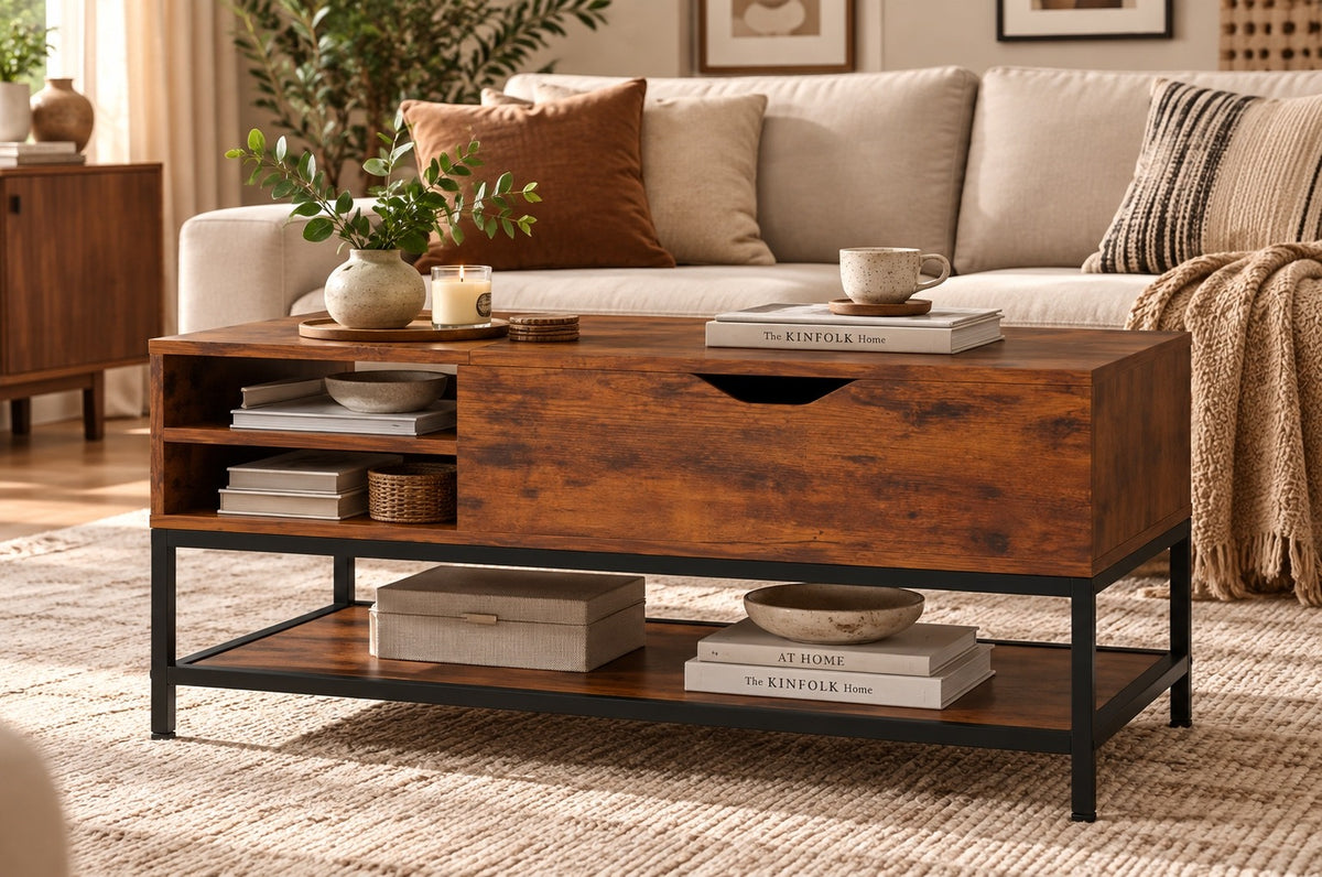 GOFLAME Lift-Top Coffee Table – Rustic Industrial Desk with Hidden Storage & Shelves