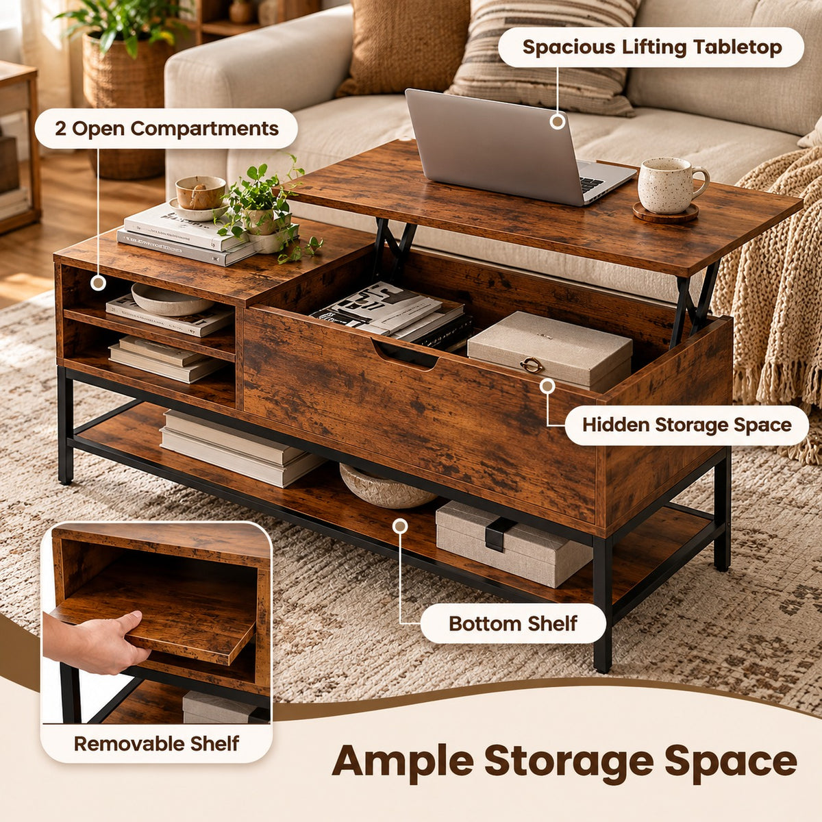 GOFLAME Lift-Top Coffee Table – Rustic Industrial Desk with Hidden Storage & Shelves