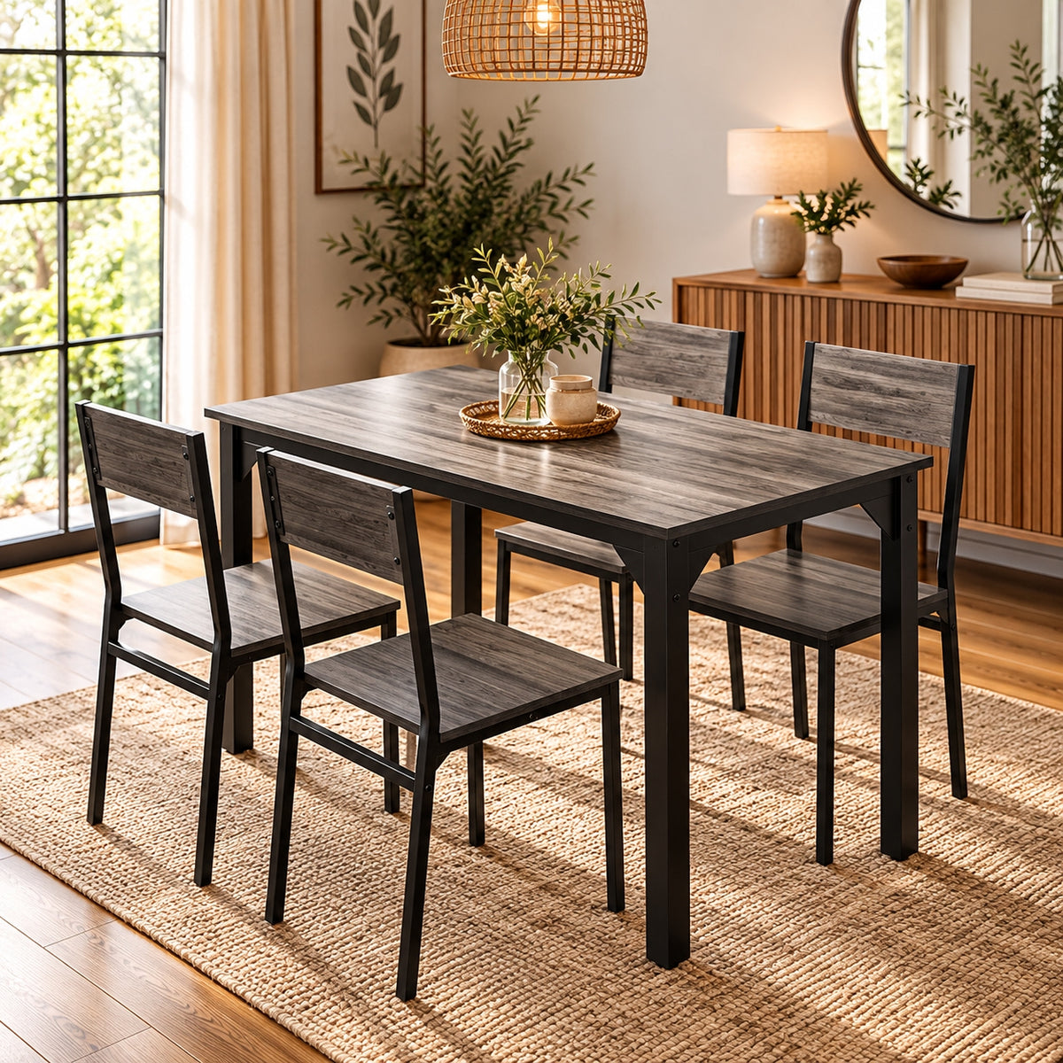 Modern Industrial Dining Table Set with Rustic Brown Wood Effect & Black Metal Frame