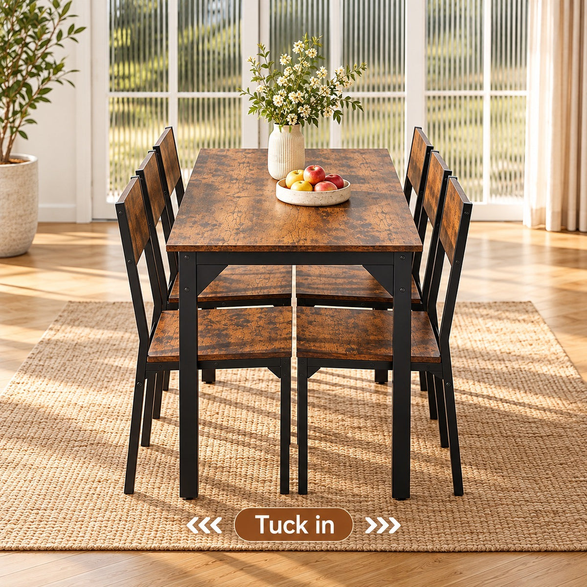 Modern Industrial Dining Table Set with Rustic Brown Wood Effect & Black Metal Frame