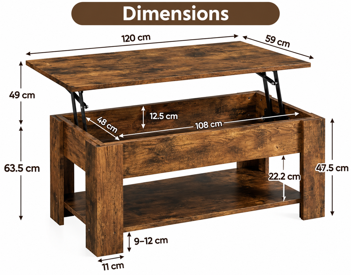 Rustic Brown Lift-Top Coffee Table with Hidden Storage & Lower Shelf
