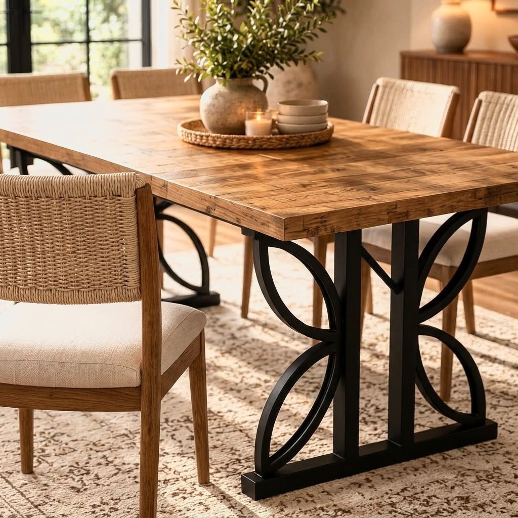 Industrial Rustic Brown Dining Table – Parquet Wood Top & Black Metal Base