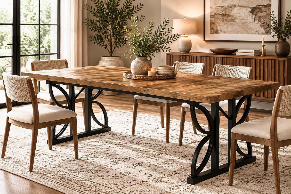 Industrial Rustic Brown Dining Table – Parquet Wood Top & Black Metal Base