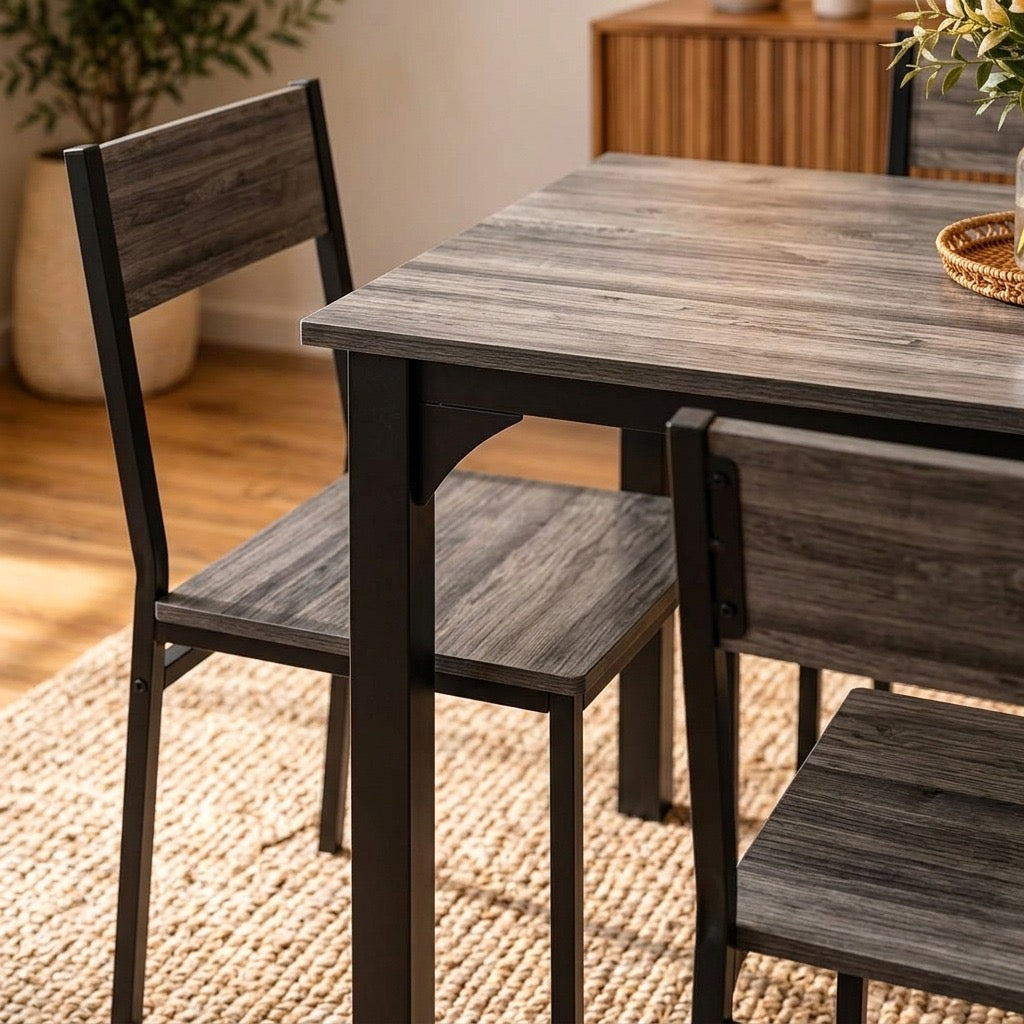 Modern Industrial Dining Table Set with Rustic Brown Wood Effect & Black Metal Frame