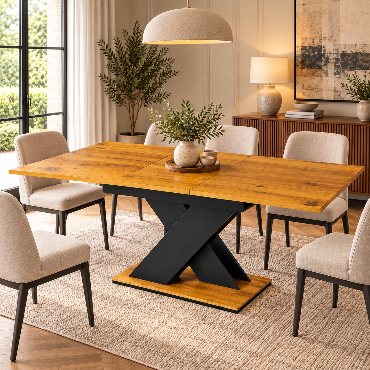 Levede Extendable Oak-Effect Dining Table – Black X-Frame Pedestal Base