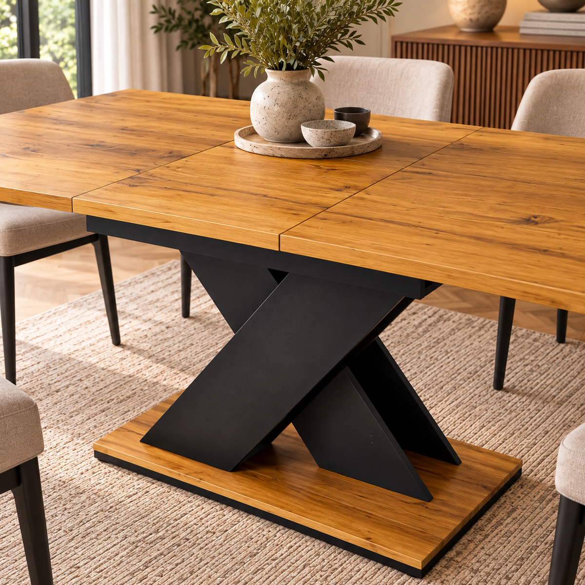 Levede Extendable Oak-Effect Dining Table – Black X-Frame Pedestal Base