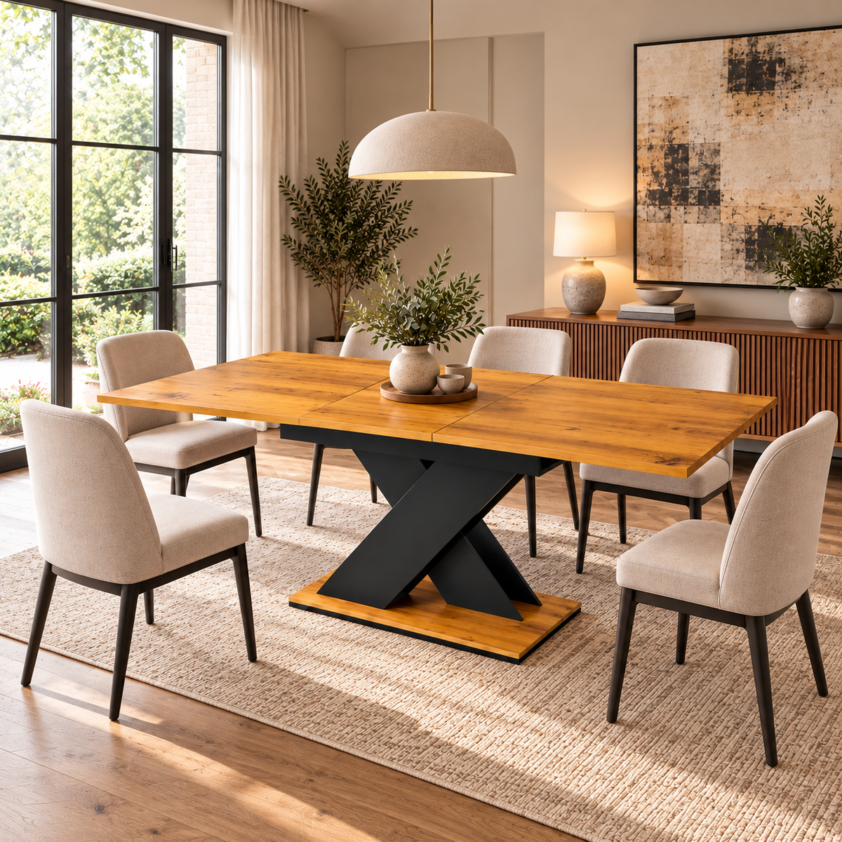 Levede Extendable Oak-Effect Dining Table – Black X-Frame Pedestal Base