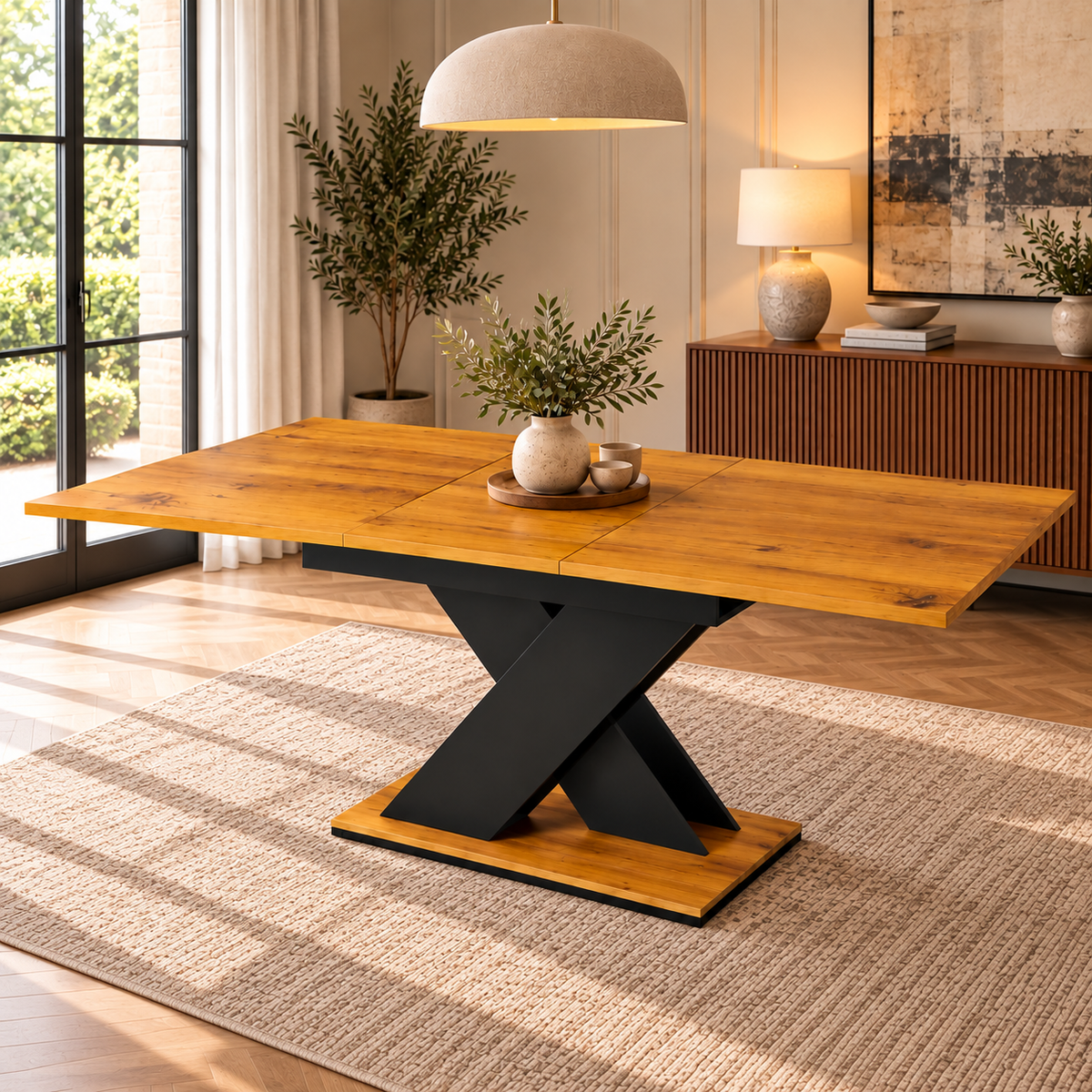 Levede Extendable Oak-Effect Dining Table – Black X-Frame Pedestal Base