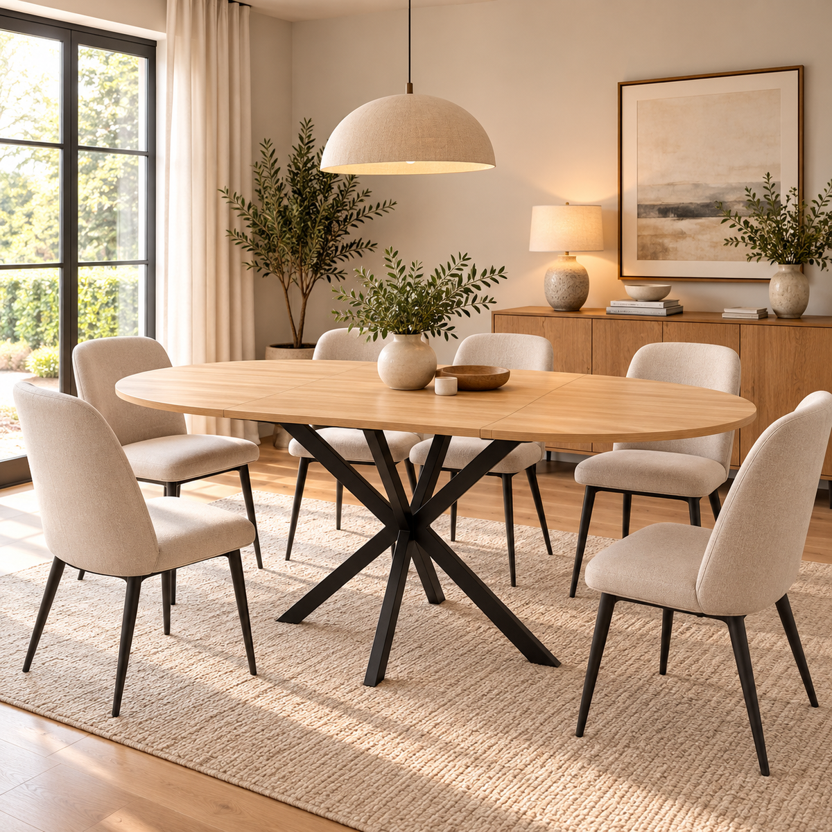 Natural Oak Extendable Round Dining Table with Black Spider Legs