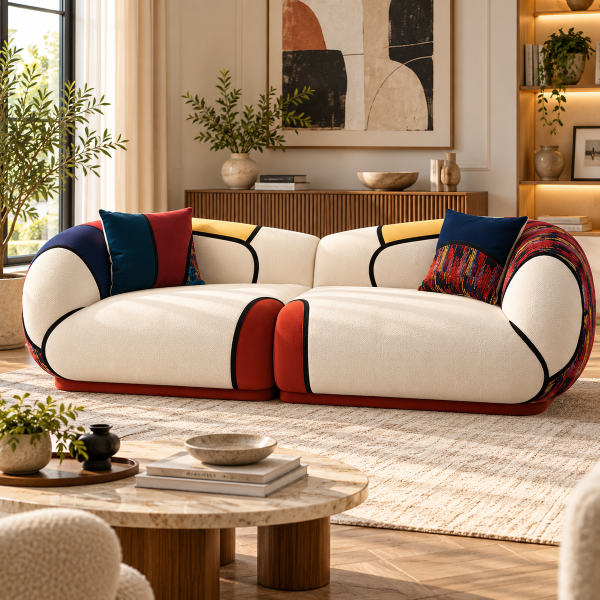 Oversized Modern Curved 4-Seater Sofa – Modular Chenille Colour Block Lounge Couch