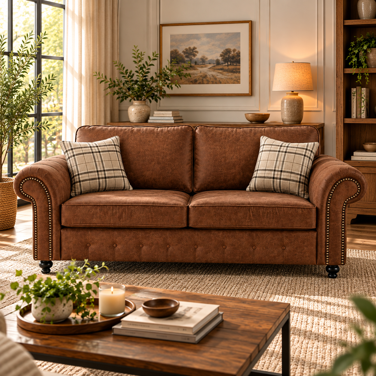 Oakland Brown Faux Leather Chesterfield 3+2 Seater Sofa Set – Traditional Scroll Arm Living Room Suite