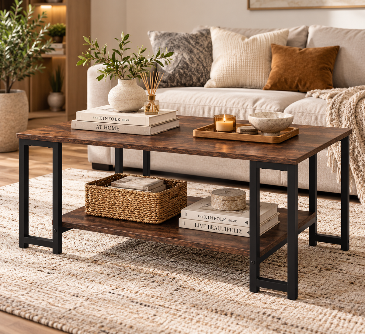 ERGOMASTER Industrial 2-Tier Coffee Table – Rustic Brown with Black Metal Frame
