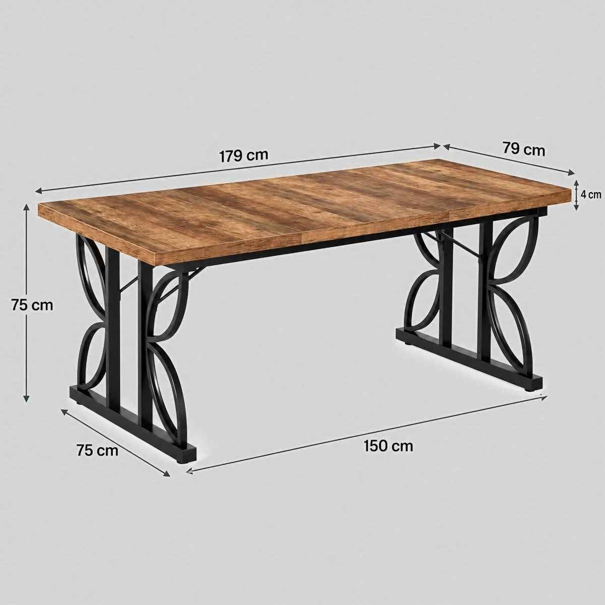 Industrial Rustic Brown Dining Table – Parquet Wood Top & Black Metal Base