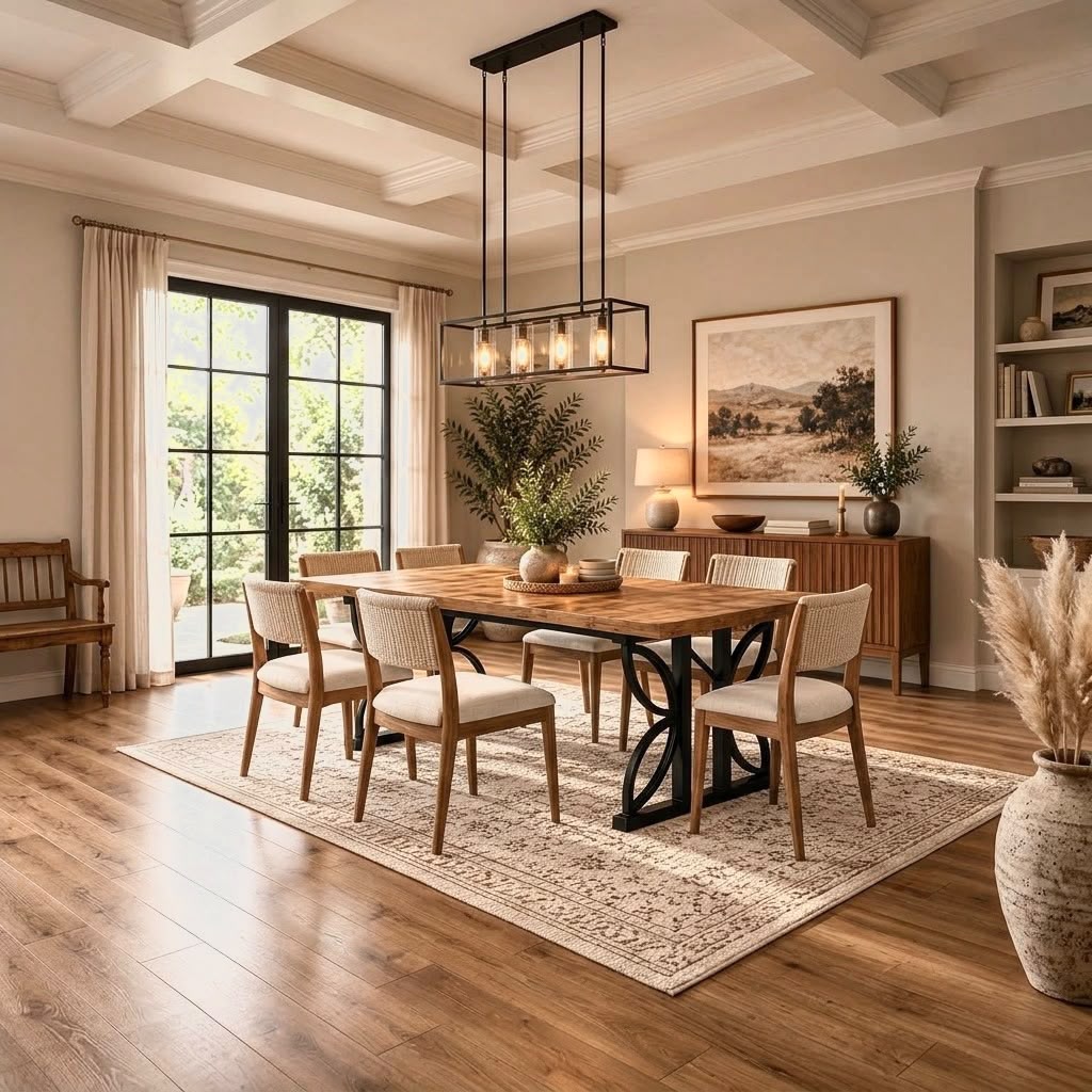 Industrial Rustic Brown Dining Table – Parquet Wood Top & Black Metal Base