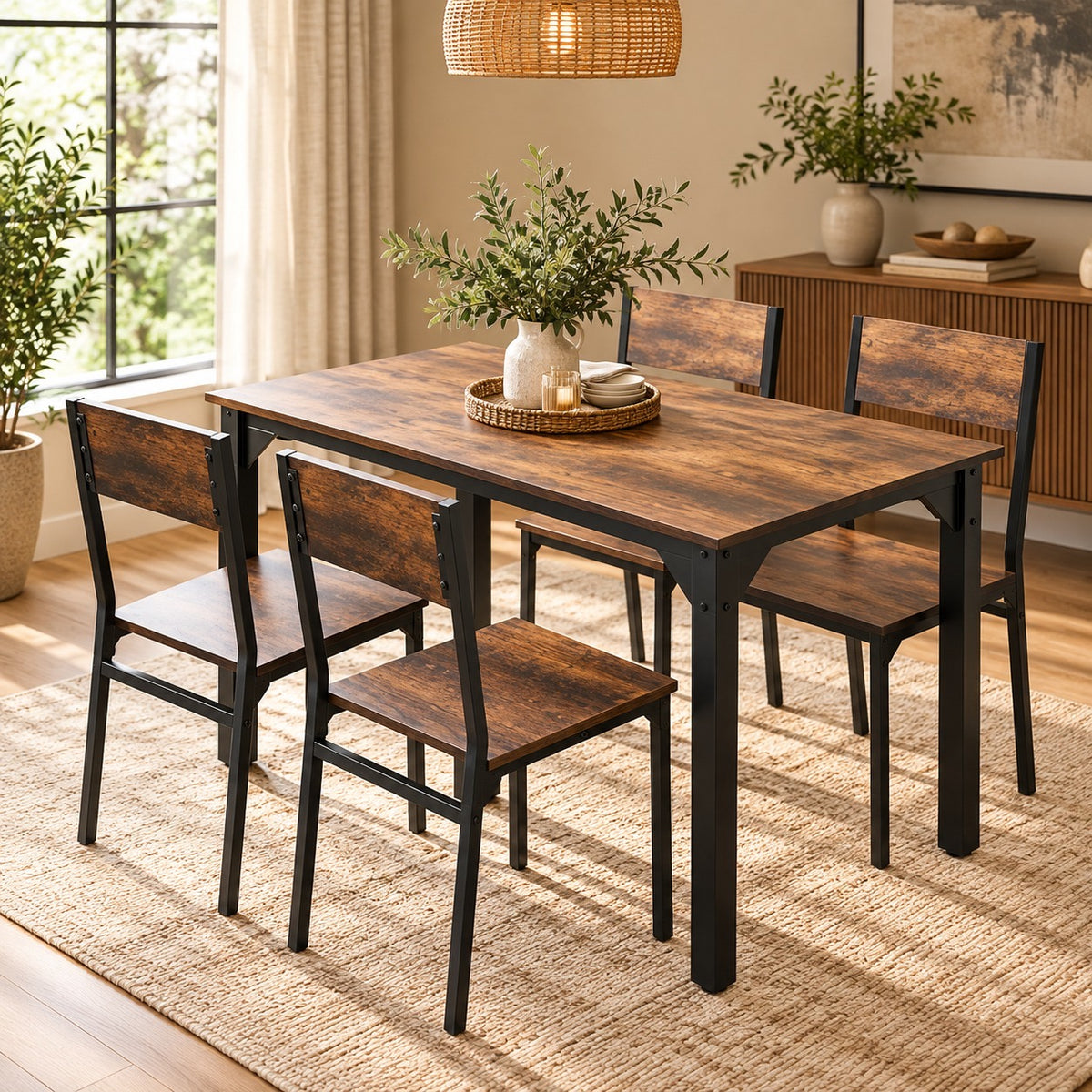 Modern Industrial Dining Table Set with Rustic Brown Wood Effect & Black Metal Frame