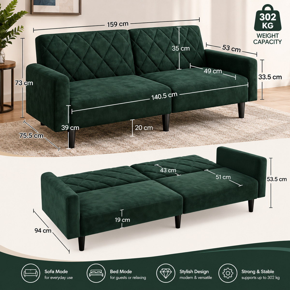 Costoffs 3-in-1 Velvet Convertible Futon Sofa Bed – Diamond Tufted Sleeper Sofa