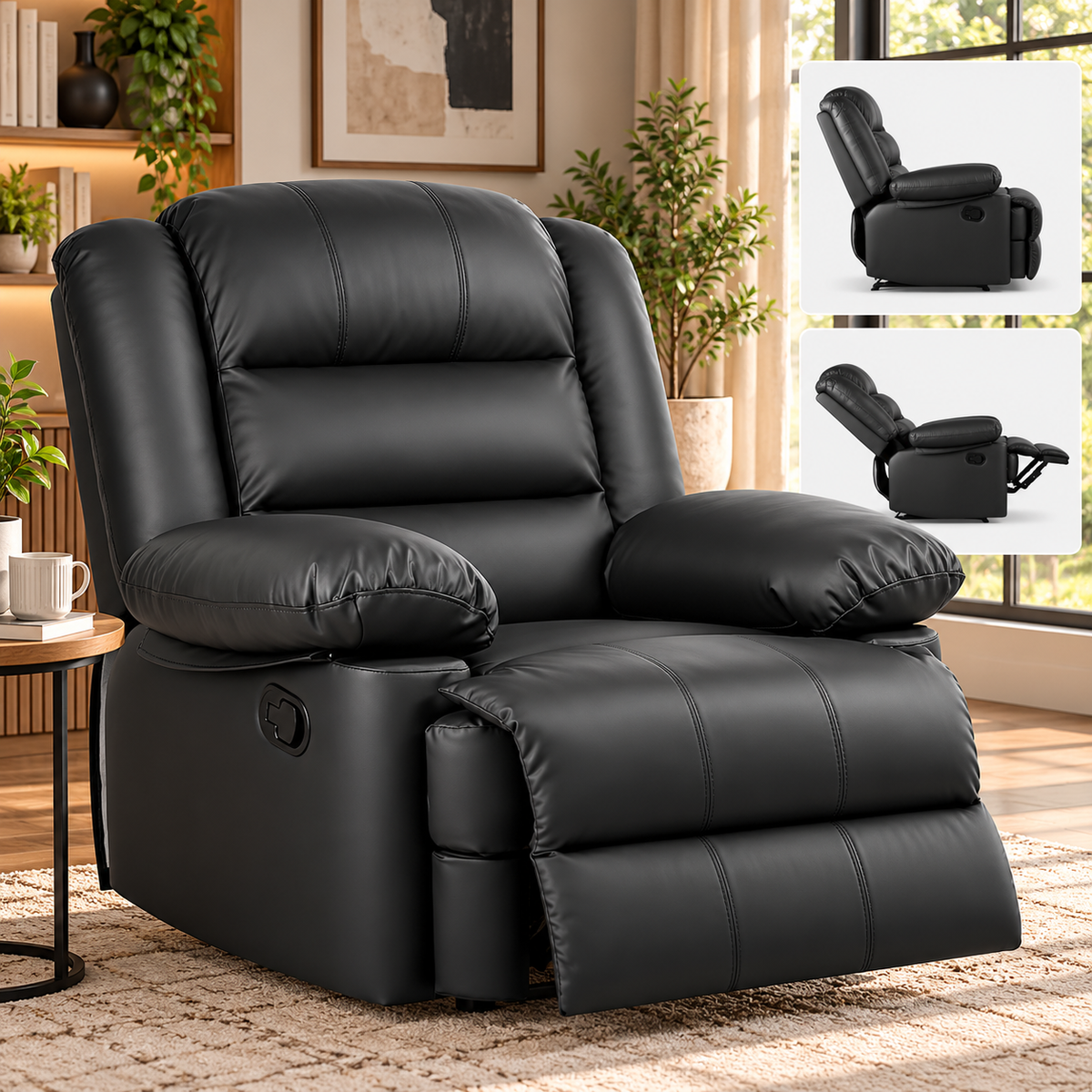 GartistGo Manual Reclining Chair – Black Leather-Look Padded Armchair with Extendable Footrest