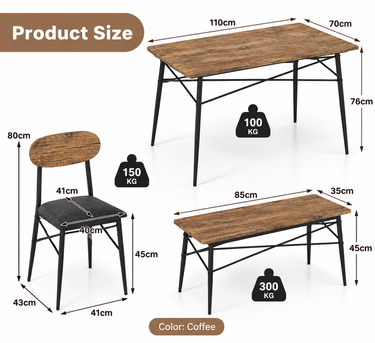 Industrial Dining Table Set with Bench & 2 Upholstered Chairs – Rustic Brown