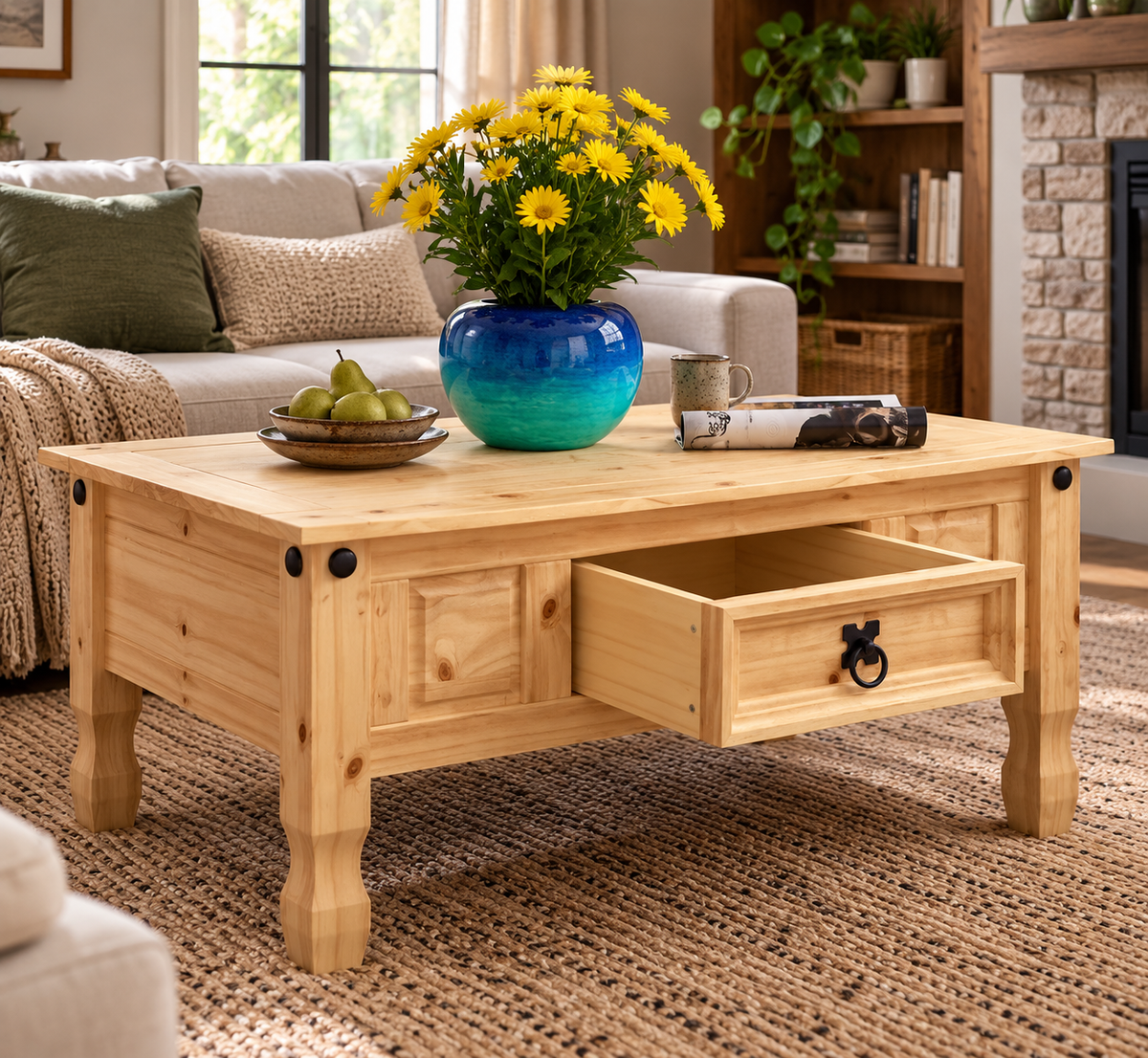 Corona Rustic Pine Coffee Table with 1 Drawer – Mexican Style Living Room Table