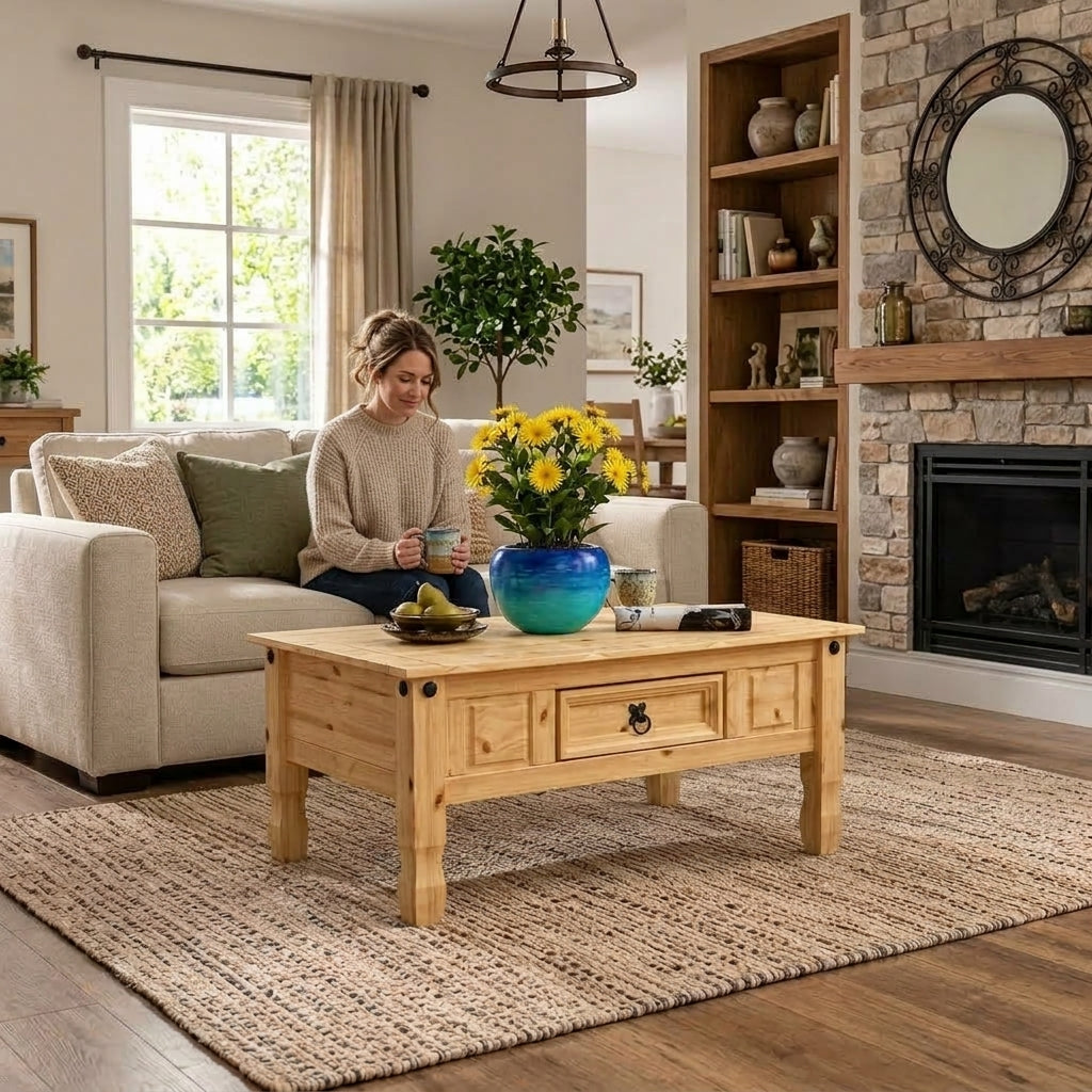 Corona Rustic Pine Coffee Table with 1 Drawer – Mexican Style Living Room Table