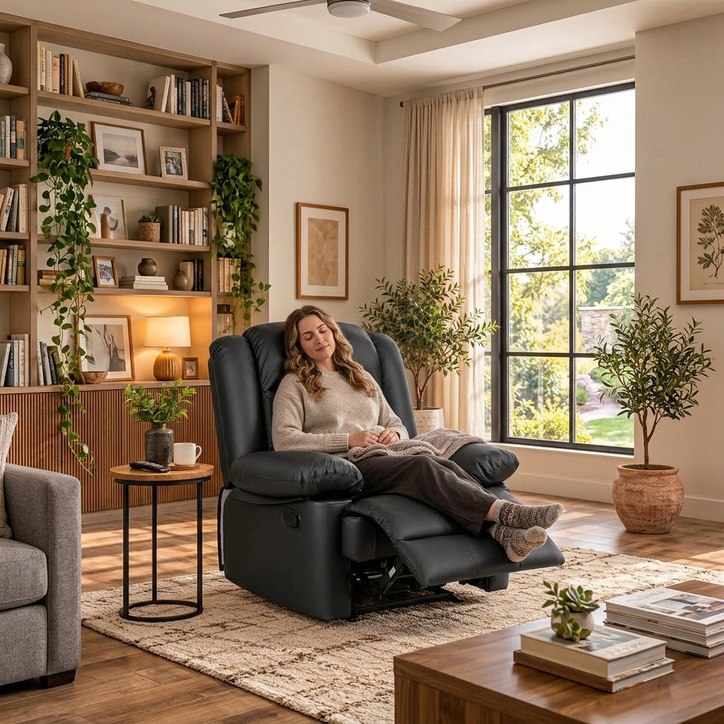 GartistGo Manual Reclining Chair – Black Leather-Look Padded Armchair with Extendable Footrest
