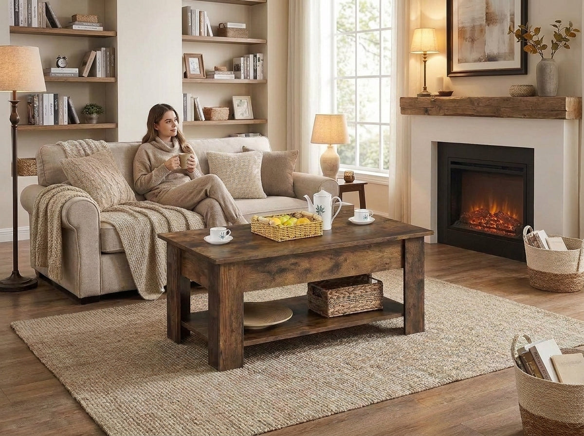 Rustic Brown Lift-Top Coffee Table with Hidden Storage & Lower Shelf