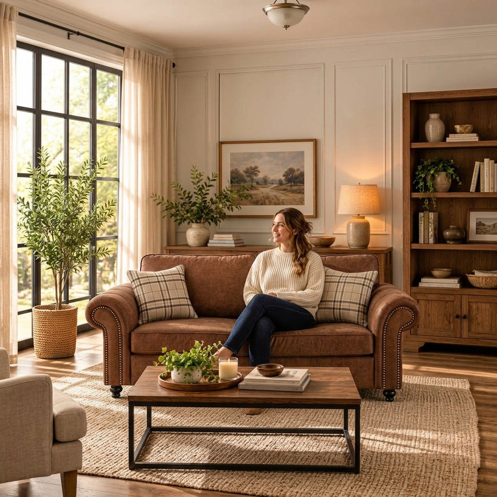 Oakland Brown Faux Leather Chesterfield 3+2 Seater Sofa Set – Traditional Scroll Arm Living Room Suite