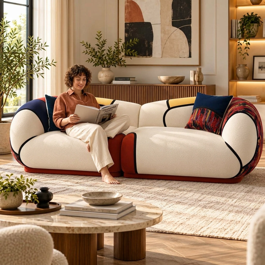 Oversized Modern Curved 4-Seater Sofa – Modular Chenille Colour Block Lounge Couch