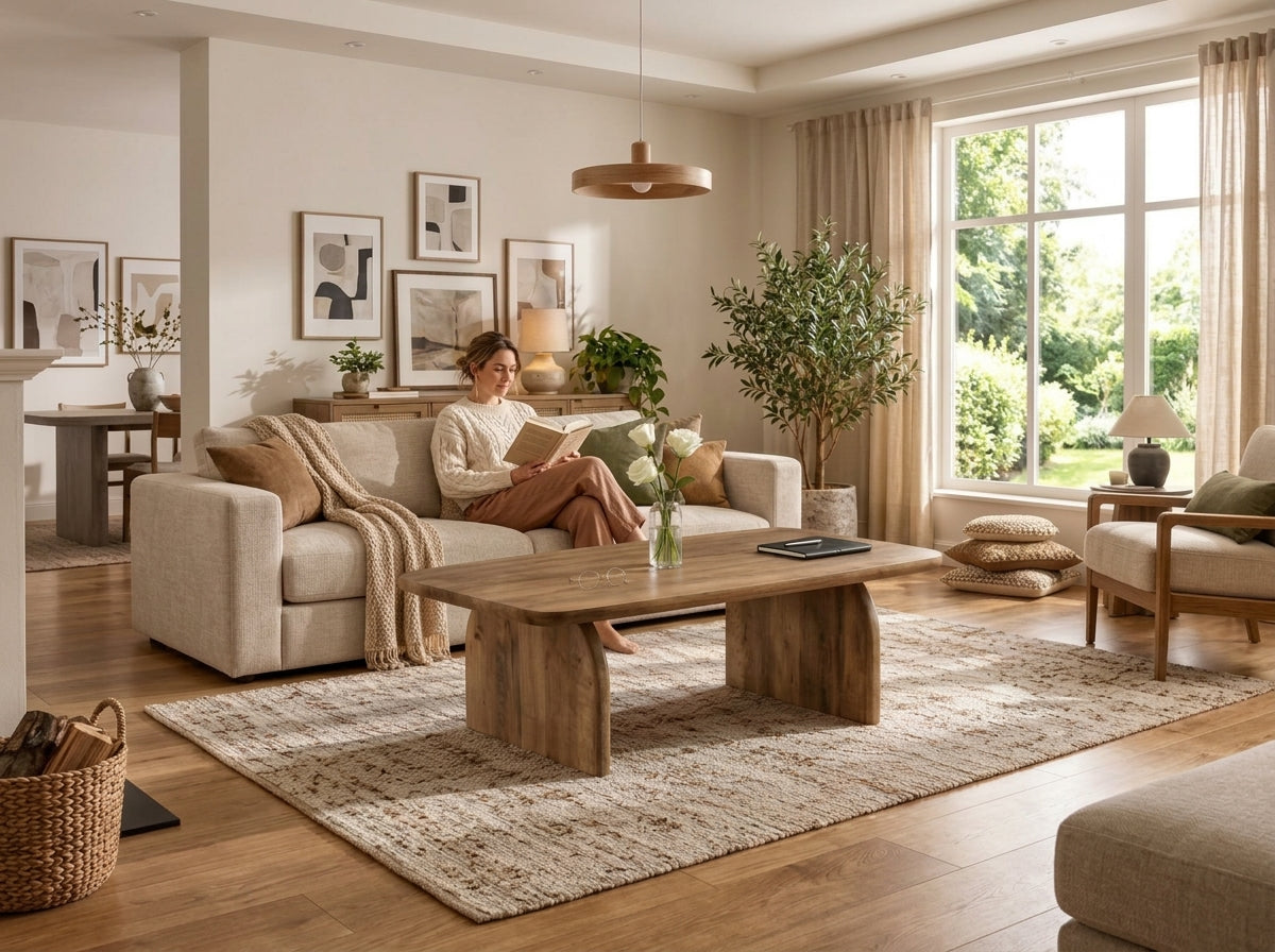 Rustic Brown 47-Inch Farmhouse Coffee Table – Rounded Wood Finish