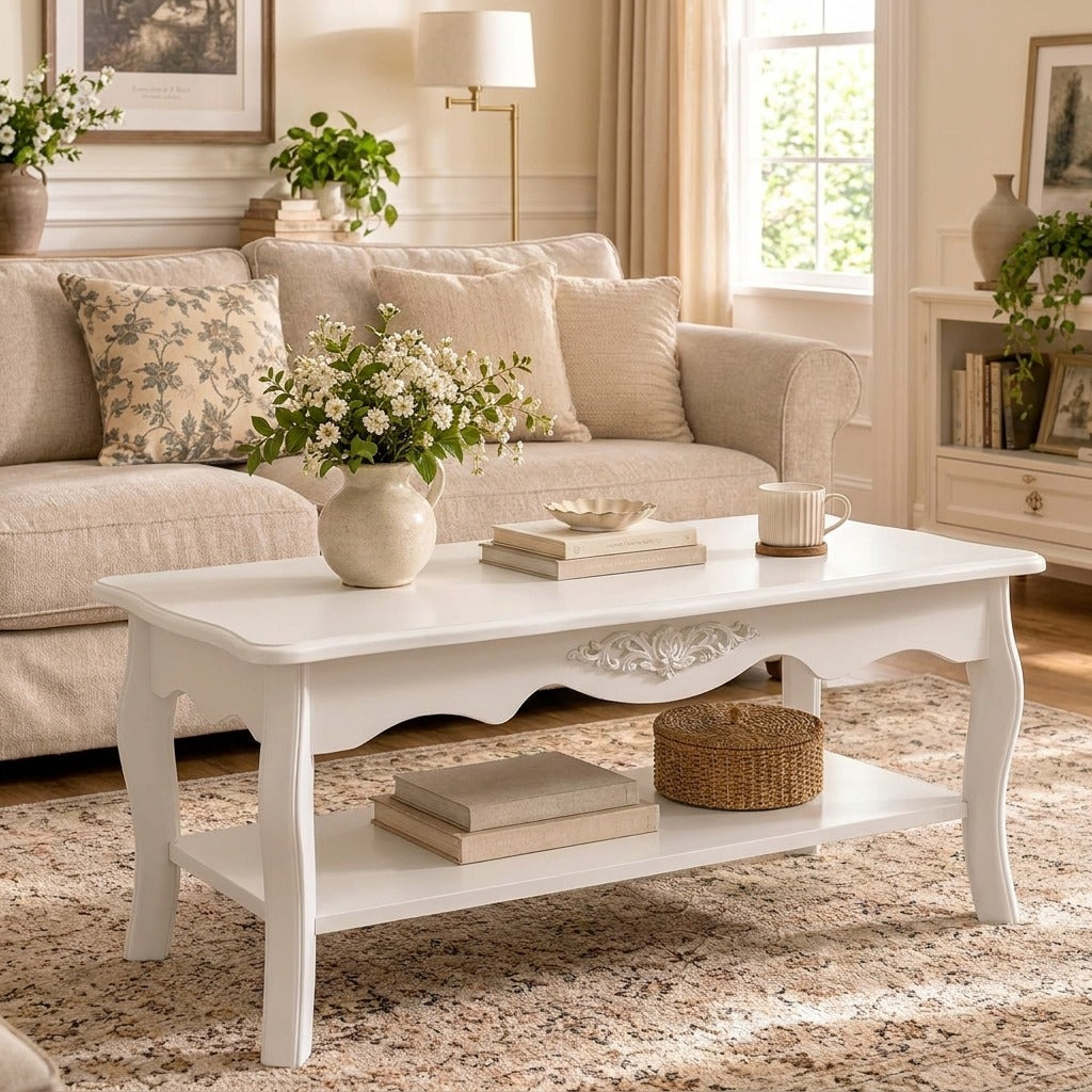 White French Country Coffee Table with Carved Floral Detail & Storage Shelf