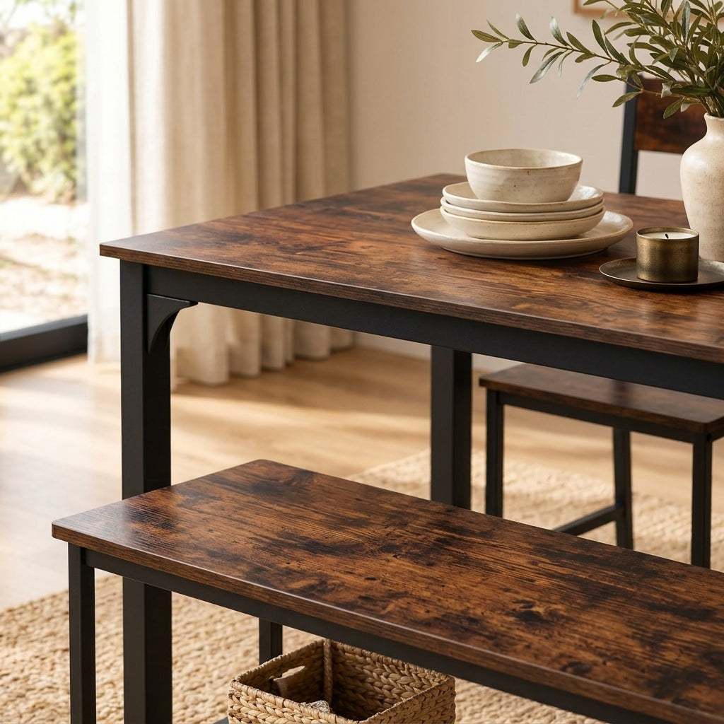 Modern Industrial Dining Table Set with Bench & 2 Chairs – Rustic Walnut Finish