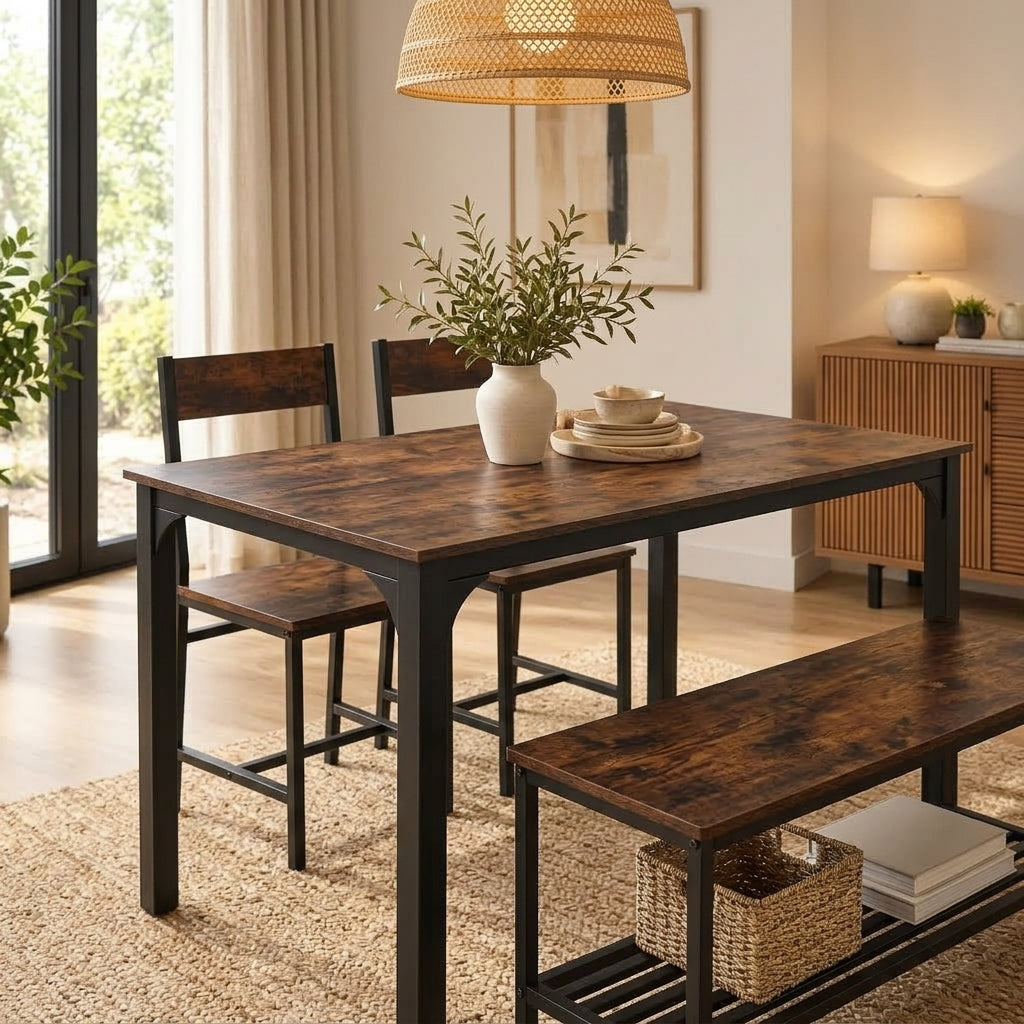Modern Industrial Dining Table Set with Bench & 2 Chairs – Rustic Walnut Finish