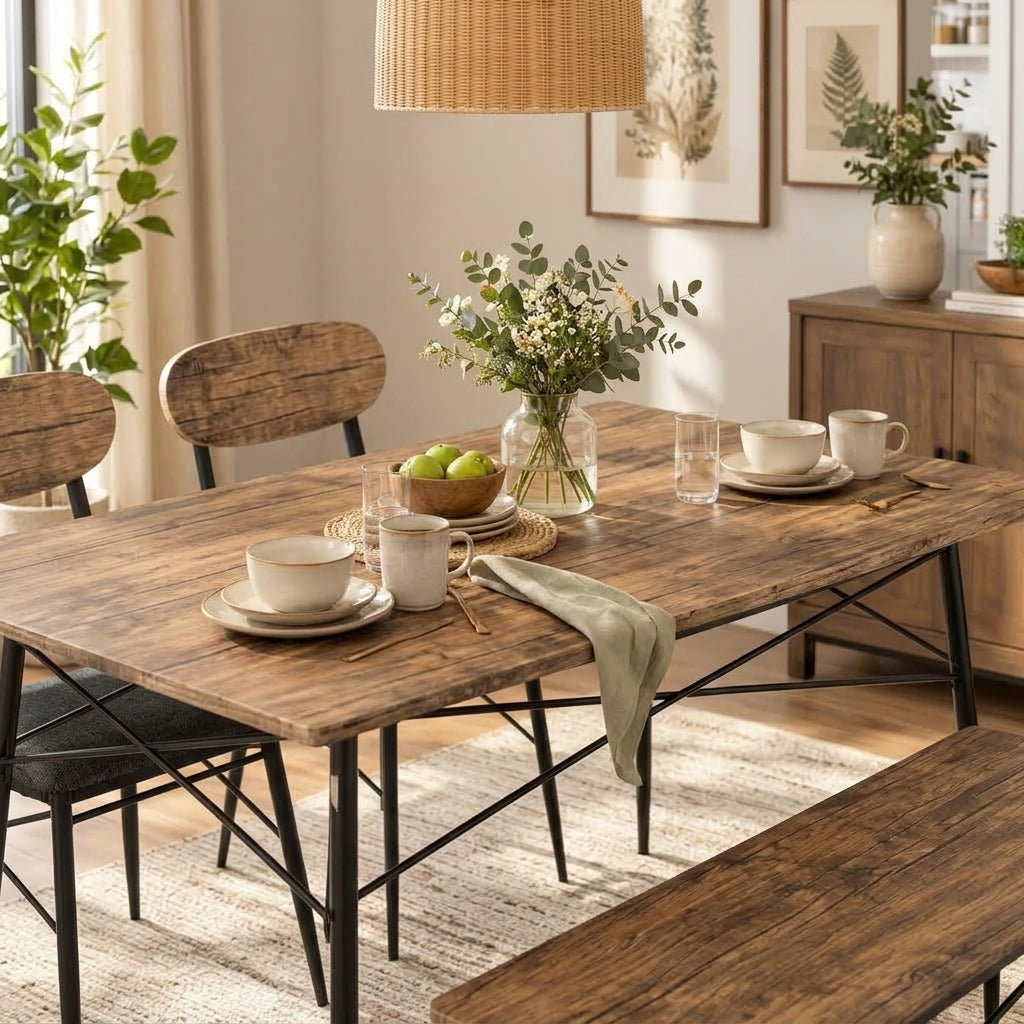 Industrial Dining Table Set with Bench & 2 Upholstered Chairs – Rustic Brown