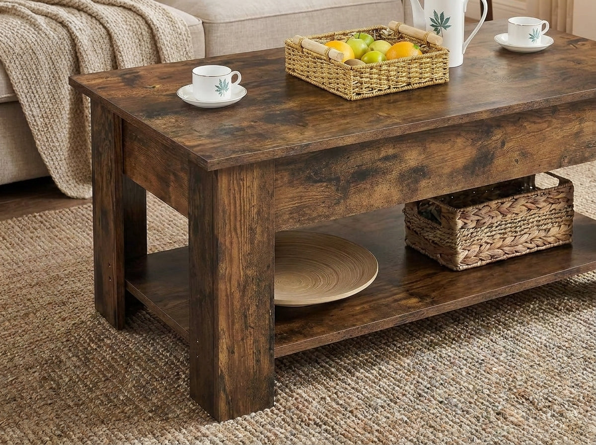 Rustic Brown Lift-Top Coffee Table with Hidden Storage & Lower Shelf