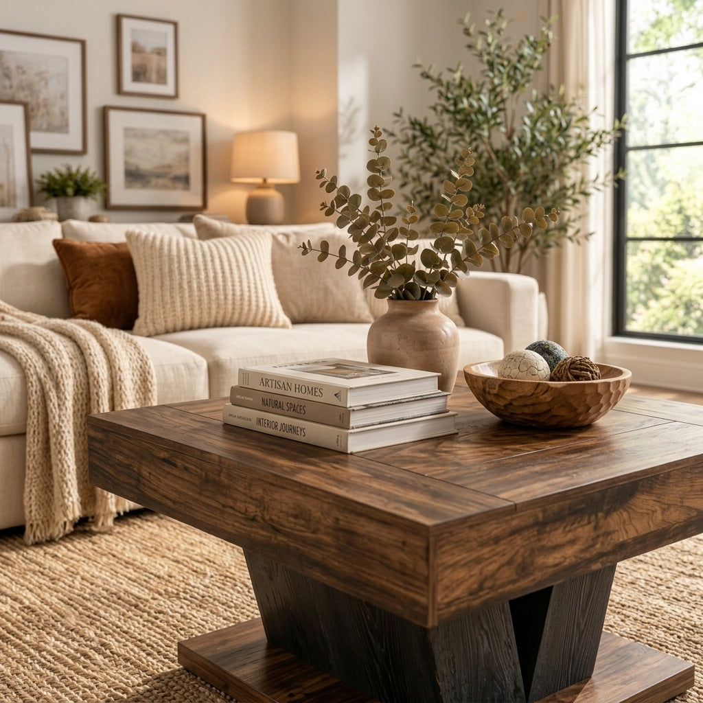 Modern Rustic Square Coffee Table – Brown Wood Finish with Geometric Pedestal Base