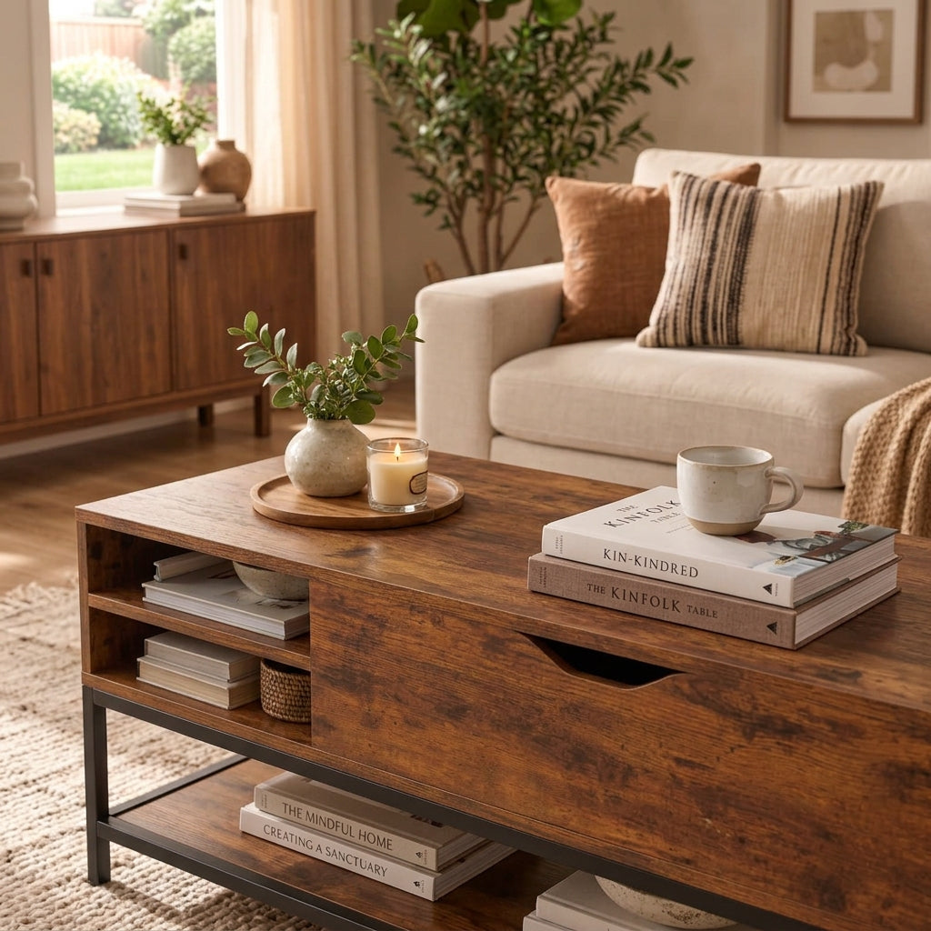 GOFLAME Lift-Top Coffee Table – Rustic Industrial Desk with Hidden Storage & Shelves